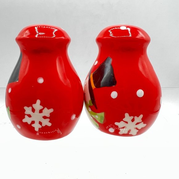 Christmas Snowman Salt Pepper Shaker Set Red White Snowflakes Holiday Decorative - Picture 7 of 8